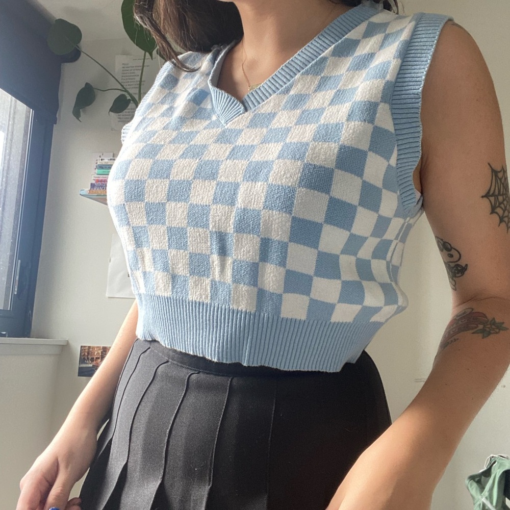 Blue and White Ribbed Crop Tank Top